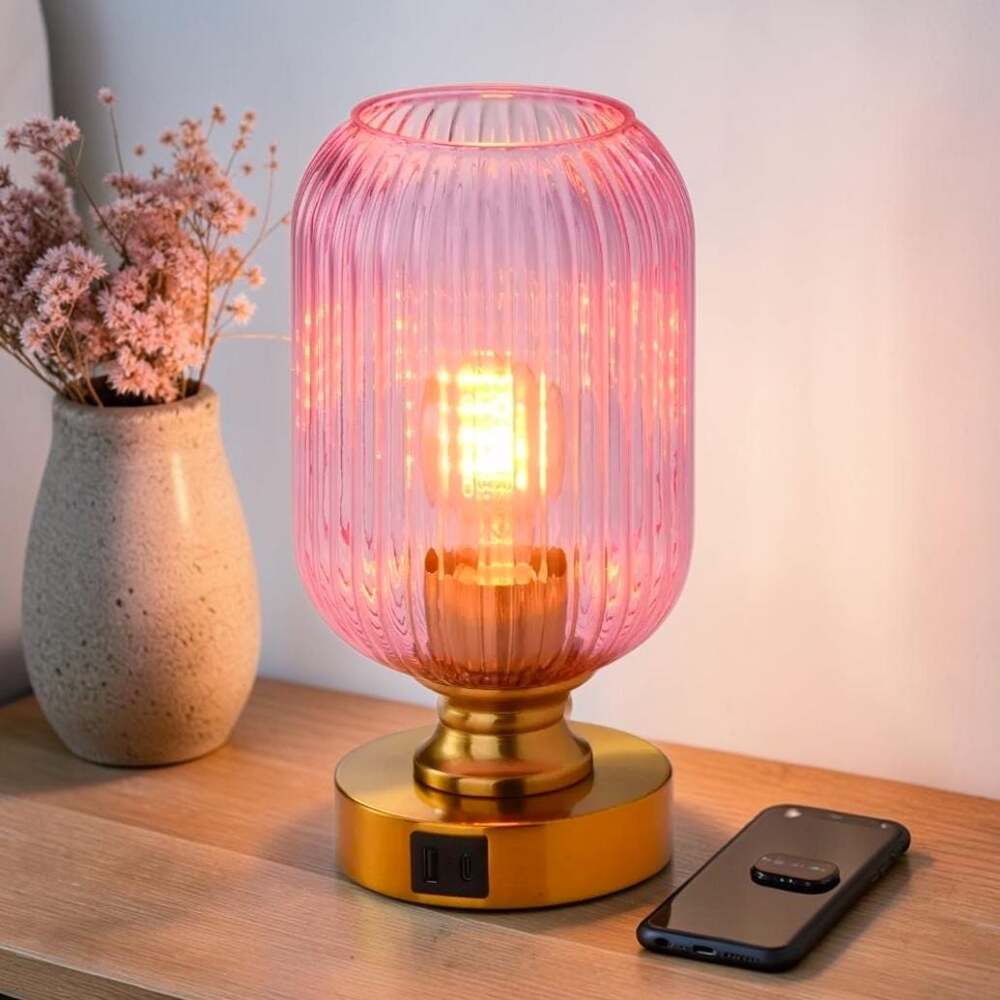 MAINDECO MC Pink Ribbed Glass Table Lamp, Touch Control Dimmable Lamp USB Ports